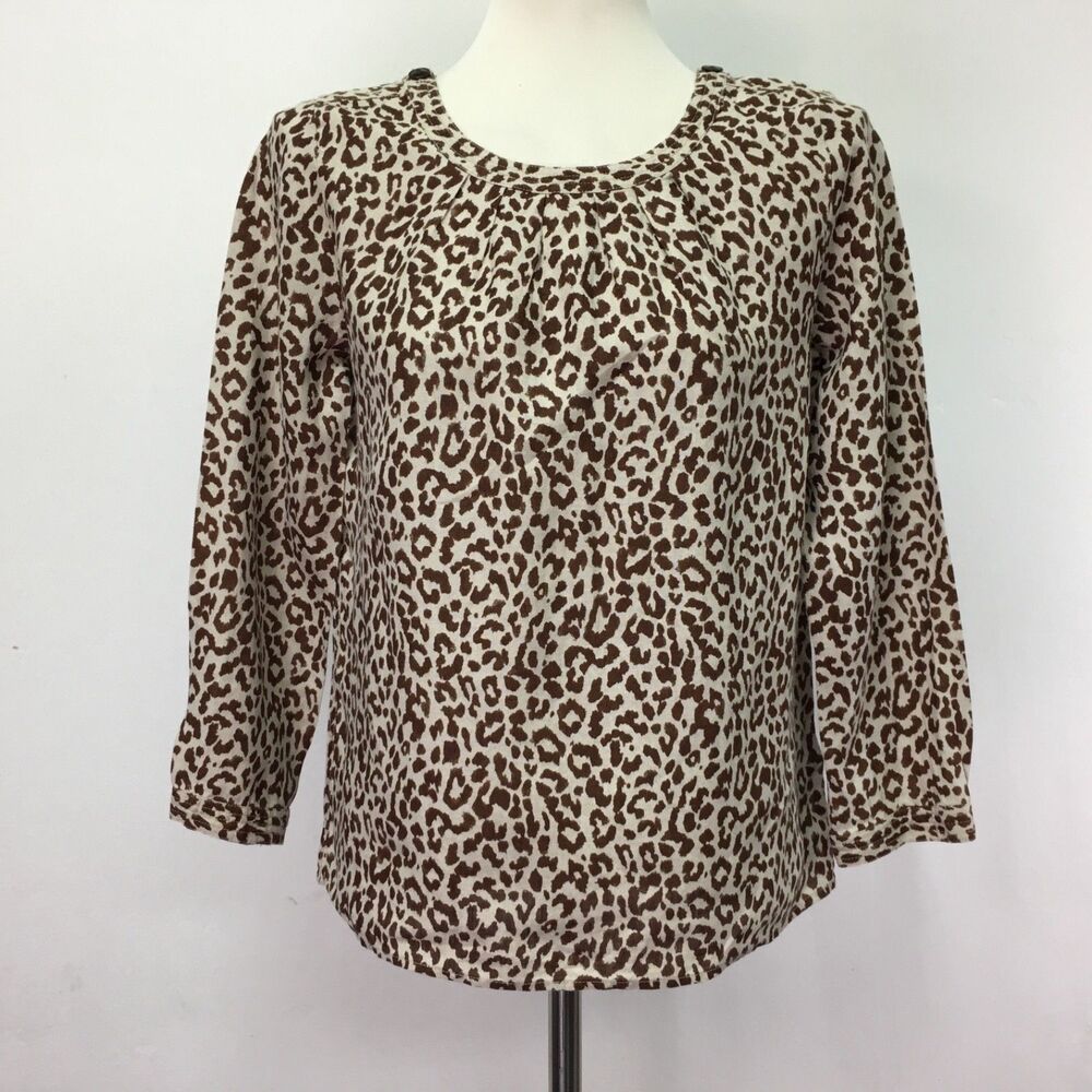 J. Crew Women's Top Size 2 Khaki Brown Animal Print 100% Linen